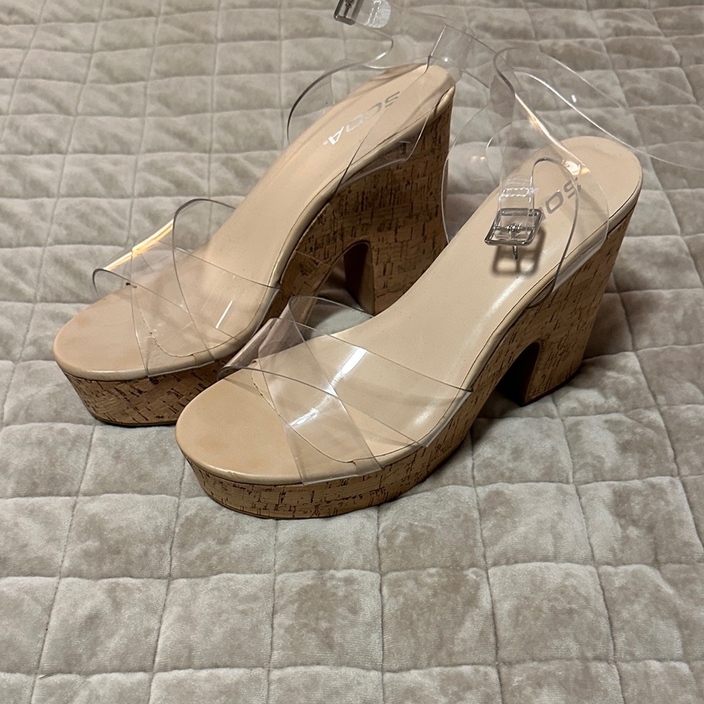 Soda Women's Clear Strap Cork Platform Heels